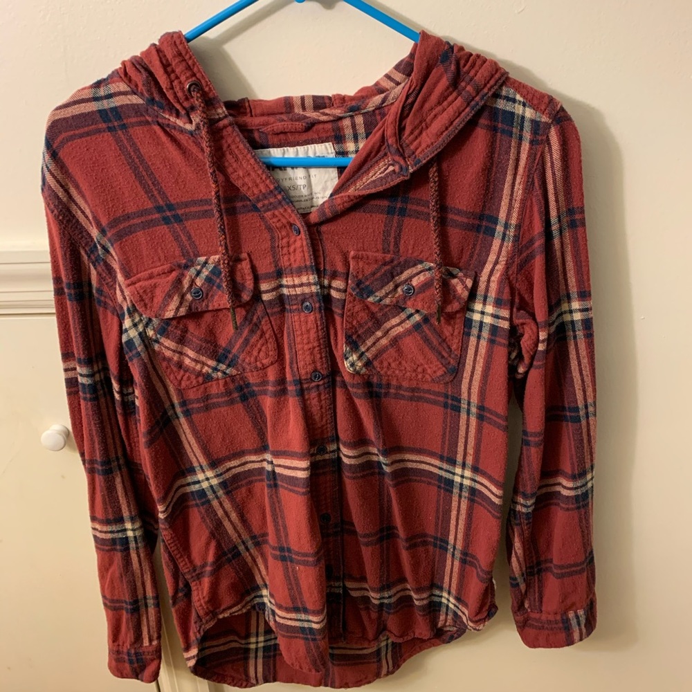 red plaid button down